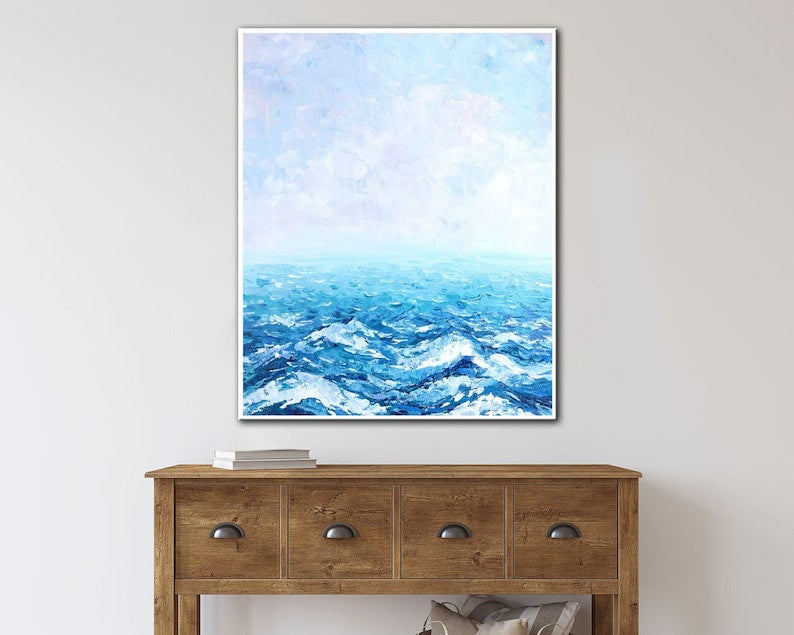 Serene Ocean Abstract Painting - Blue Textured Canvas Art, Handmade Coastal Wall Decor, Modern Sea-Inspired Artwork for Home or Office