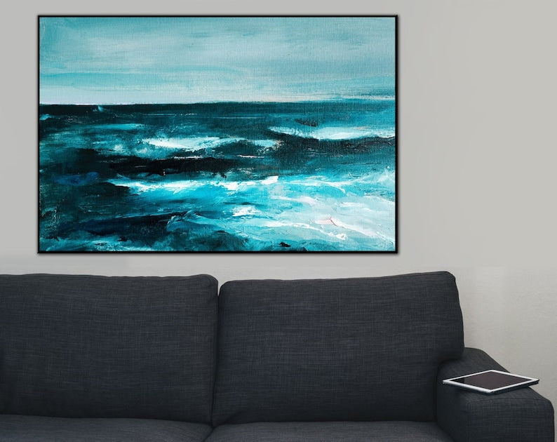 Abstract Ocean Painting on Canvas - Large Blue Sea Wall Art - Modern Coastal Decor for Living Room or Office