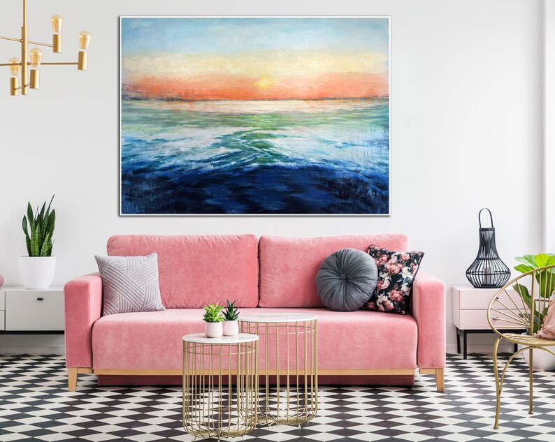 Ocean Sunset Art Modern Sunrise Wall Decor Water Landscape Art Coastal Seascape Painting
