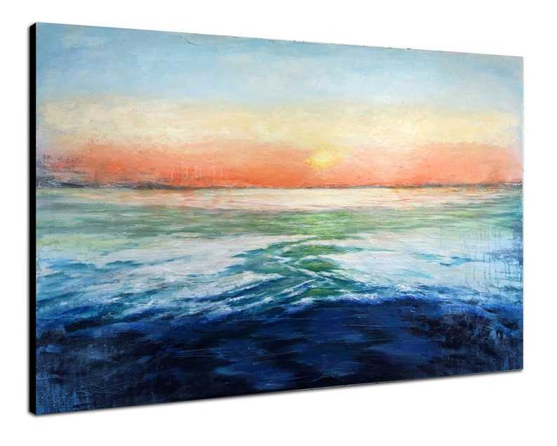 Ocean Sunset Art Modern Sunrise Wall Decor Water Landscape Art Coastal Seascape Painting
