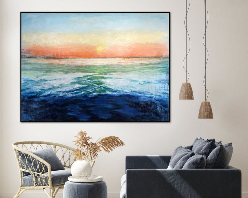 Ocean Sunset Art Modern Sunrise Wall Decor Water Landscape Art Coastal Seascape Painting