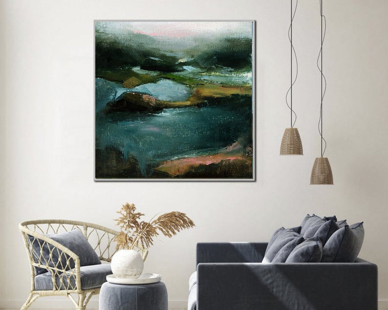 Original Green Landscape Artwork Abstract Oil Painting On Canvas Large Nature Textured Wall Hanging Decor for Living Room