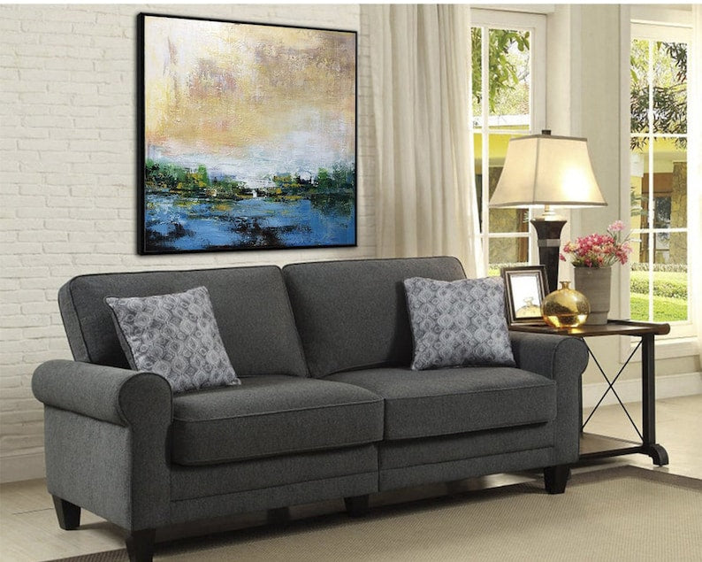 Serene Abstract Landscape Painting - Large Blue and Green Canvas Art for Tranquil Home Decor - Calming Wall Art for Living Room