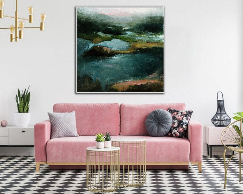 Original Green Landscape Artwork Abstract Oil Painting On Canvas Large Nature Textured Wall Hanging Decor for Living Room
