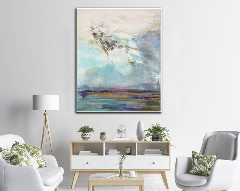 Large Original Landscape Painting On Canvas Abstract Modern Art Textured Oil Painting Blue Acrylic Painting for Living Room Wall Decor