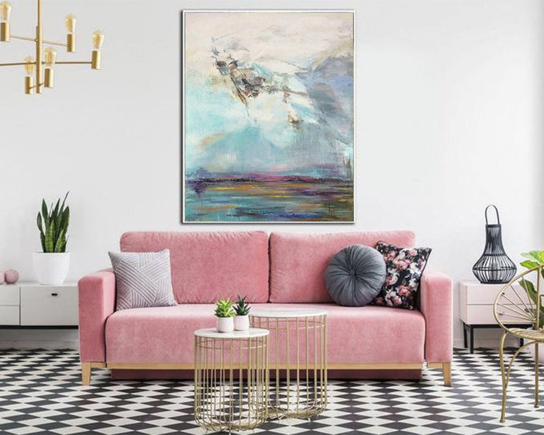 Large Original Landscape Painting On Canvas Abstract Modern Art Textured Oil Painting Blue Acrylic Painting for Living Room Wall Decor