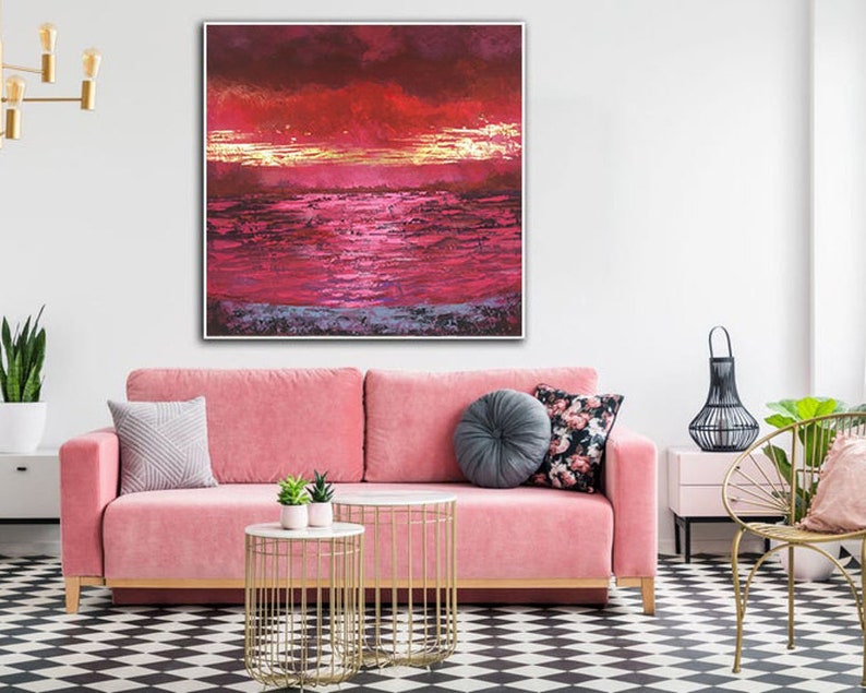 Red Sunset Abstract Painting Textured Wall Art Handmade Original Landscape Artwork Modern Wall Art Painting On Canvas Wall Art Framed