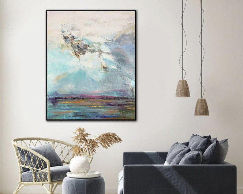 Large Original Landscape Painting On Canvas Abstract Modern Art Textured Oil Painting Blue Acrylic Painting for Living Room Wall Decor