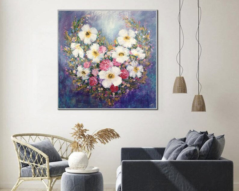 Romantic Floral Abstract Painting – Large Canvas Art with Pink Roses and White Flowers for Elegant Home Decor
