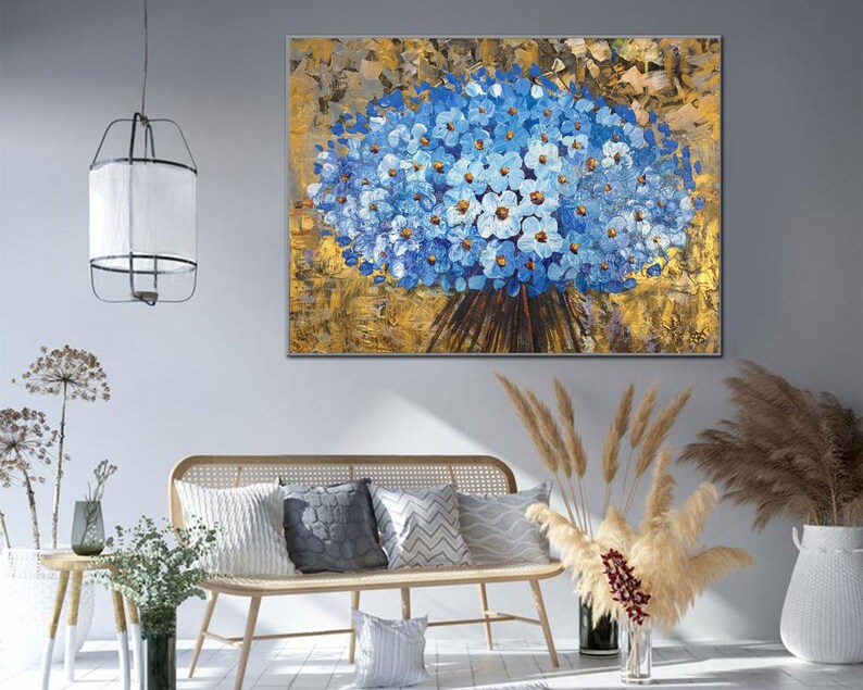 Flower Wall Art Abstract Painting Blue Floral Bouquet Gold Painting Original Textured Artwork Knife Painting Living Room Decor