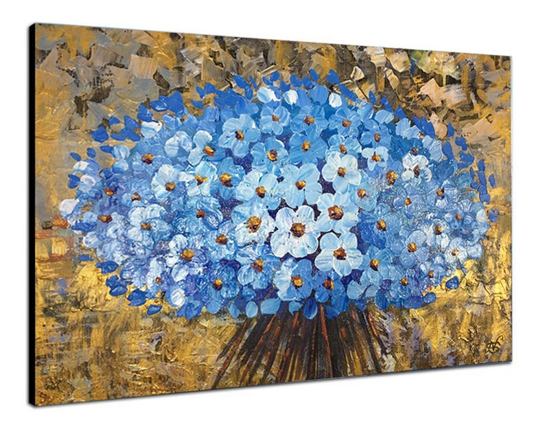 Flower Wall Art Abstract Painting Blue Floral Bouquet Gold Painting Original Textured Artwork Knife Painting Living Room Decor