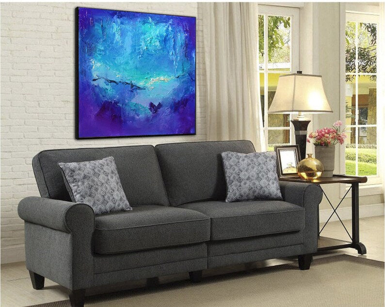 Blue Painting Deep Blue Abstract Landscape Painting Textured Art Handmade Modern Decor Ocean Artwork for Home or Office Decor