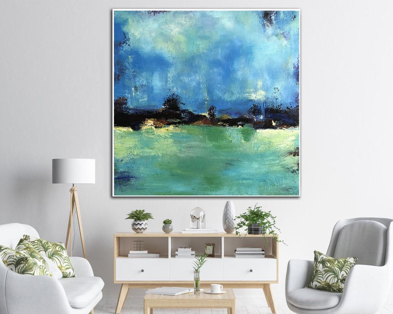 Large Abstract Canvas Art For Living Room Blue Green Wall Art Landscape Blue Landscape Modern Painting On Canvas Contemporary Painting