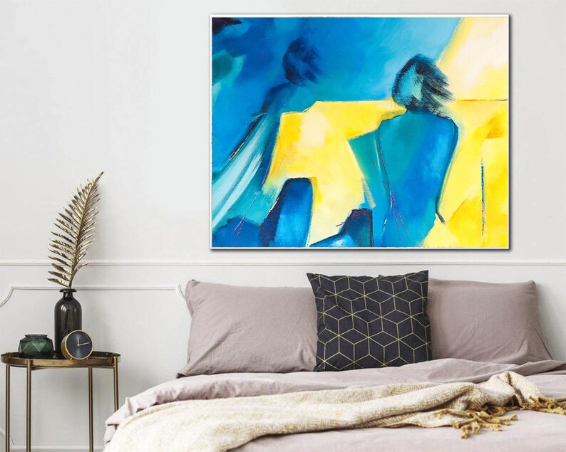 Original People Acrylic Painting Abstract Human Artwork Blue and Yellow Figurative Wall Art Decor for Bedroom