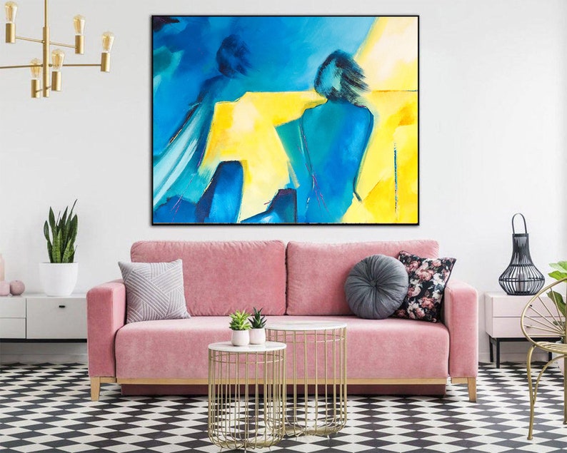 Original People Acrylic Painting Abstract Human Artwork Blue and Yellow Figurative Wall Art Decor for Bedroom