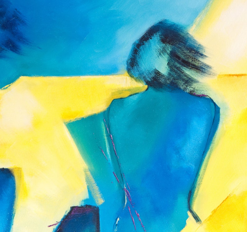 Original People Acrylic Painting Abstract Human Artwork Blue and Yellow Figurative Wall Art Decor for Bedroom