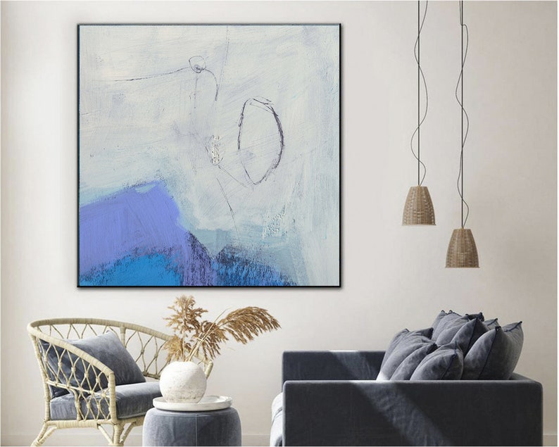 Blue Painting Modern Wall Art Abstract White Painting Large Minimalist Canvas Art Textured Wall Art Office Decor Living Room Decor