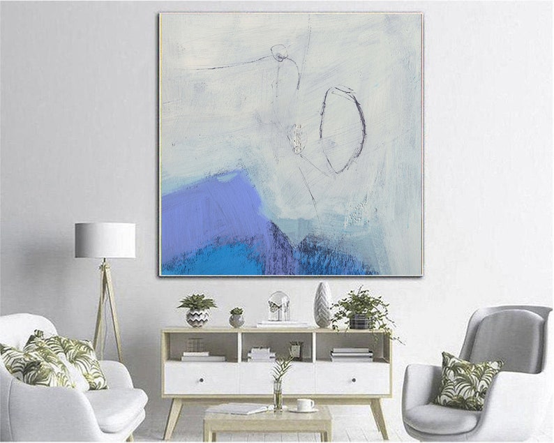 Blue Painting Modern Wall Art Abstract White Painting Large Minimalist Canvas Art Textured Wall Art Office Decor Living Room Decor