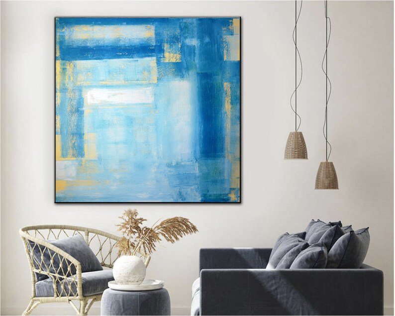 Blue Abstract Painting Blue Modern Wall Art Handmade Artwork Apartment Wall Art Handmade Gift Large Wall Art Framed Art Living Room Decor
