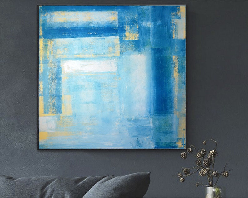 Blue Abstract Painting Blue Modern Wall Art Handmade Artwork Apartment Wall Art Handmade Gift Large Wall Art Framed Art Living Room Decor