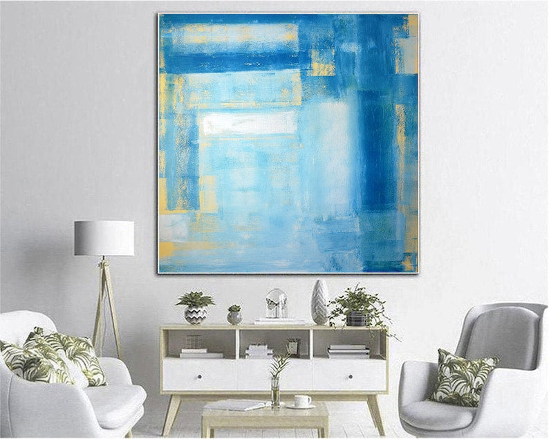 Blue Abstract Painting Blue Modern Wall Art Handmade Artwork Apartment Wall Art Handmade Gift Large Wall Art Framed Art Living Room Decor