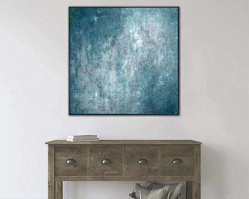 Large Blue Custom Oil Painting Original Industrial Modern French Shabby Chic Artwork Minimalist Wall Art Decor