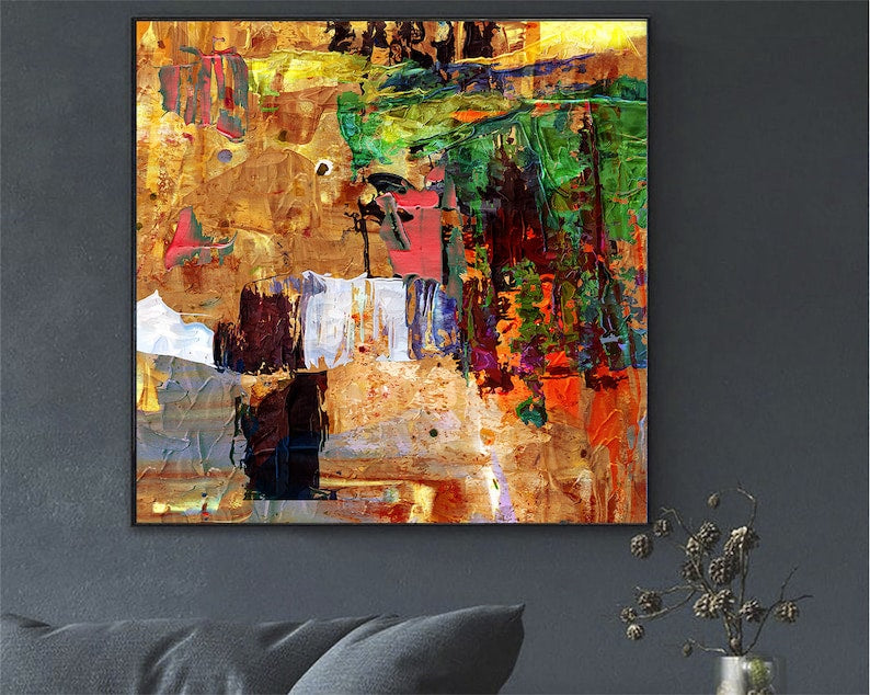 Rustic Landscape Abstract Painting – Vibrant Textured Canvas with Earthy Tones and Nature-Inspired Brushstrokes for Unique Decor
