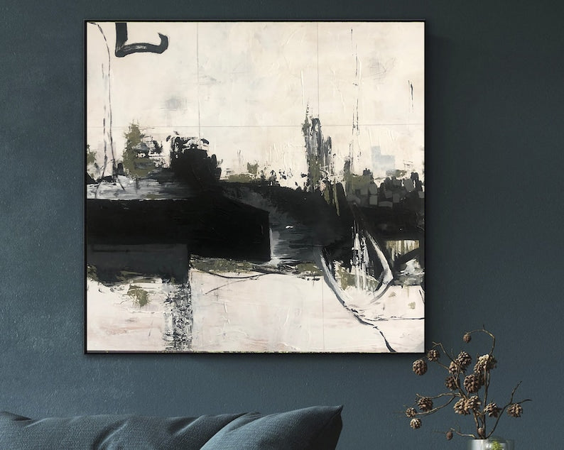 Abstrakte sort-hvide malerier på lærred Tekstureret vægkunst Moderne kunst Soveværelses vægkunst Monokrom maleri Industriel kunst