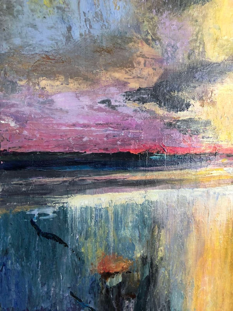 Sunset Painting Original Painting Golden Sunset Tranquil Lake Painting Coastal Wall Decor Living Room Decor Framed Art Apartment Wall Art
