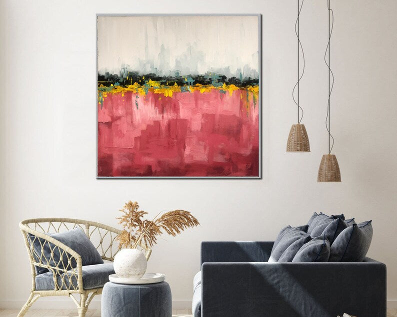 Original Red Abstract Acrylic Painting Minimalist Textured Wall Hanging Artwork Modern Handmade Decor for Living Room