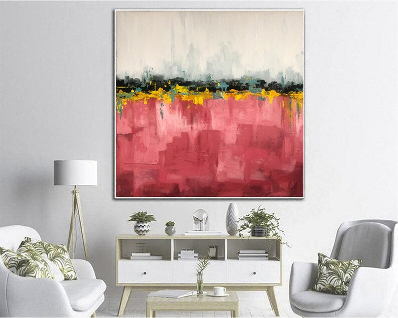 Original Red Abstract Acrylic Painting Minimalist Textured Wall Hanging Artwork Modern Handmade Decor for Living Room