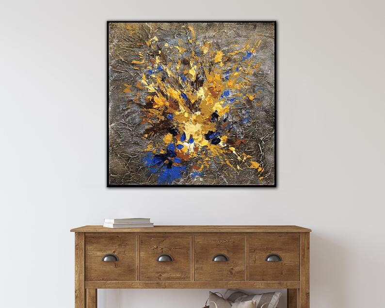 Tekstureret abstrakt blomstermaleri guldblå moderne vægkunst original akrylkunst overdimensioneret lærred håndlavet buketdekor