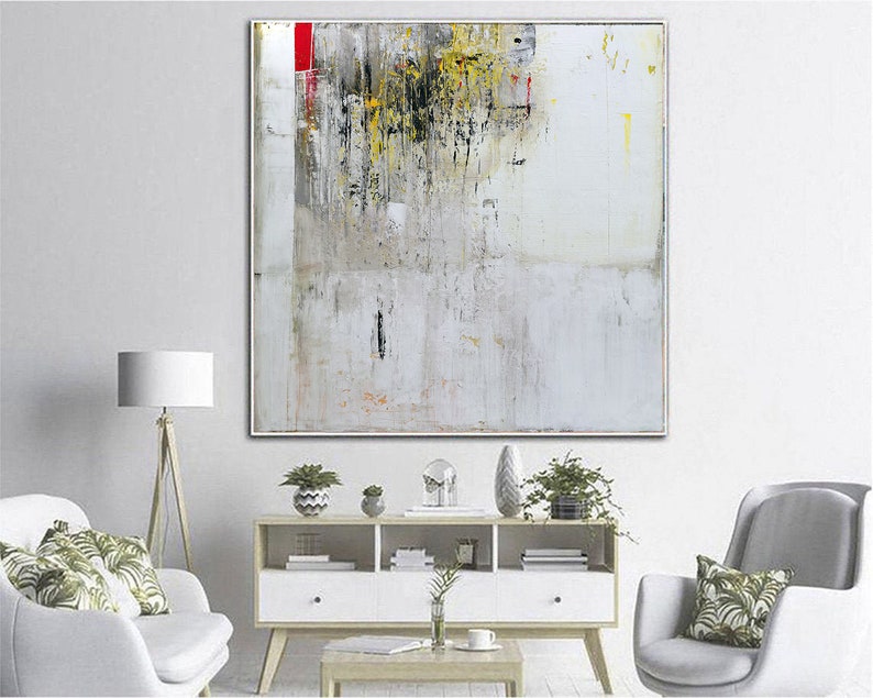 Abstract Minimalist Textured Painting – Large White Canvas with Hints of Yellow and Red for Contemporary Wall Decor