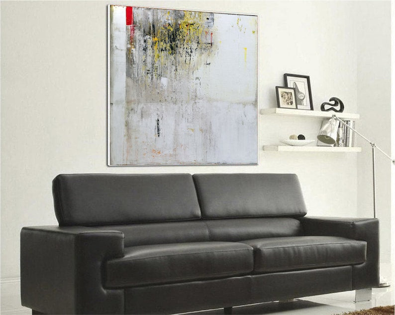 Abstract Minimalist Textured Painting – Large White Canvas with Hints of Yellow and Red for Contemporary Wall Decor