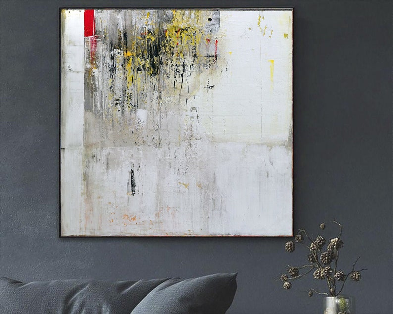 Abstract Minimalist Textured Painting – Large White Canvas with Hints of Yellow and Red for Contemporary Wall Decor
