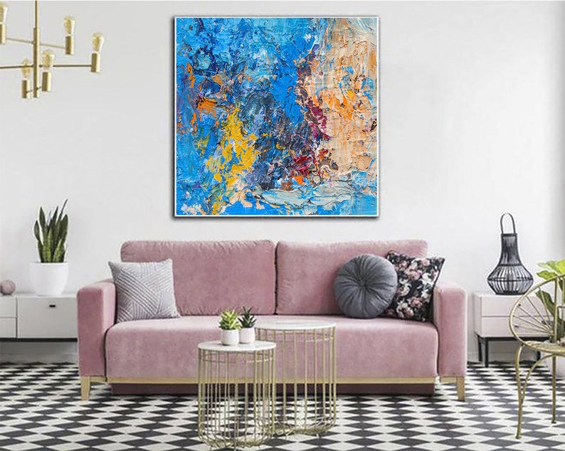Large Original Abstract Blue Paintings On Canvas, Textured Oil Painting, Acrylic Oil Artwork Wall Hanging Decor for Living Room