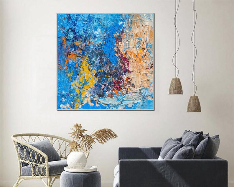 Large Original Abstract Blue Paintings On Canvas, Textured Oil Painting, Acrylic Oil Artwork Wall Hanging Decor for Living Room
