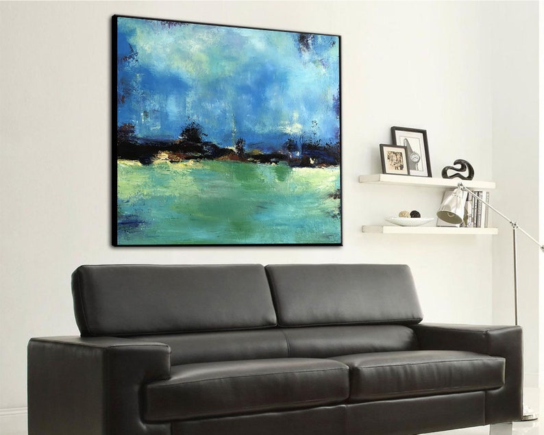Large Abstract Canvas Art For Living Room Blue Green Wall Art Landscape Blue Landscape Modern Painting On Canvas Contemporary Painting
