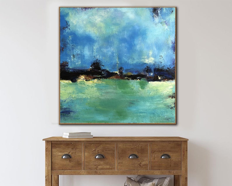 Large Abstract Canvas Art For Living Room Blue Green Wall Art Landscape Blue Landscape Modern Painting On Canvas Contemporary Painting