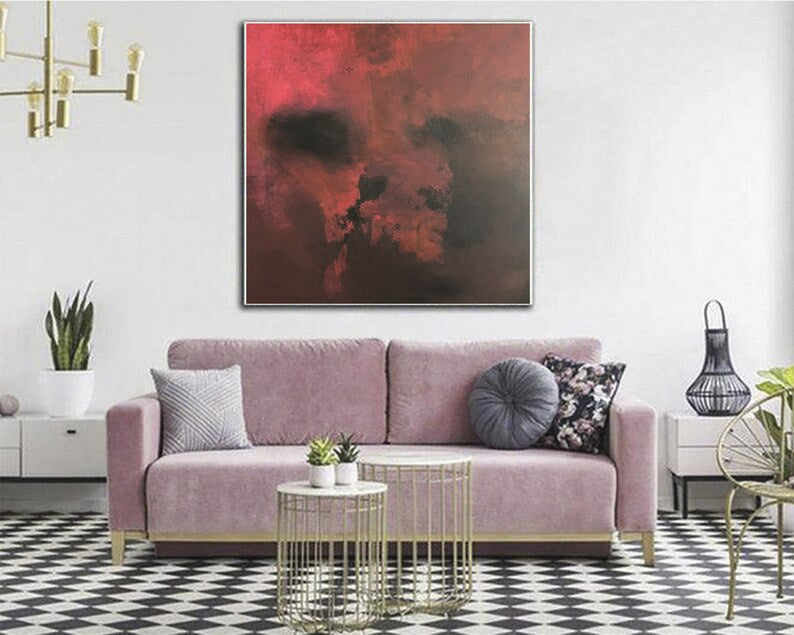 Dark Abstract Skull Painting Red Black Art Large Modern Canvas Wall Decor Mysterious Gothic Oil Acrylic Handmade Halloween Style