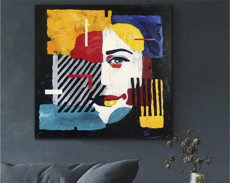 Colorful Portrait Painting Abstract Face Painting on Canvas Modern Decor Unique Pop Art Wall Art for Living Room Large Wall Art Gift for Her