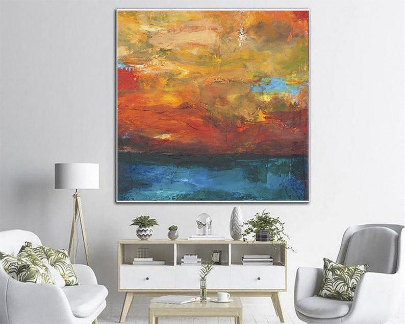 Bright Orange and Blue Sunset Ocean View. Abstract Seascape Wall Art Handmade on Canvas for Unique Home and Office Decor