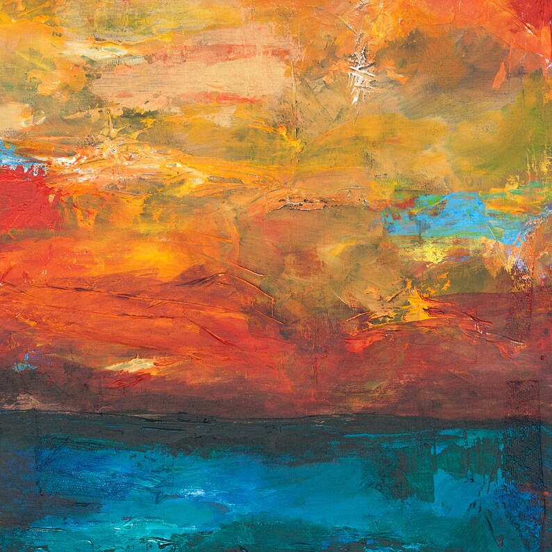 Bright Orange and Blue Sunset Ocean View. Abstract Seascape Wall Art Handmade on Canvas for Unique Home and Office Decor