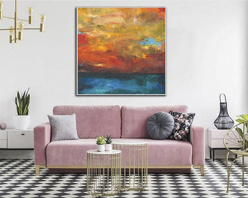 Bright Orange and Blue Sunset Ocean View. Abstract Seascape Wall Art Handmade on Canvas for Unique Home and Office Decor