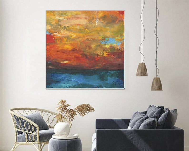 Bright Orange and Blue Sunset Ocean View. Abstract Seascape Wall Art Handmade on Canvas for Unique Home and Office Decor