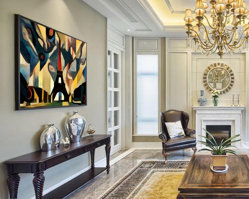 Paris Painting Abstract Eiffel Tower Painting Geometric Parisian Art Modern Style Art Statement Wall Art Office Wall Decor Housewarming Gift