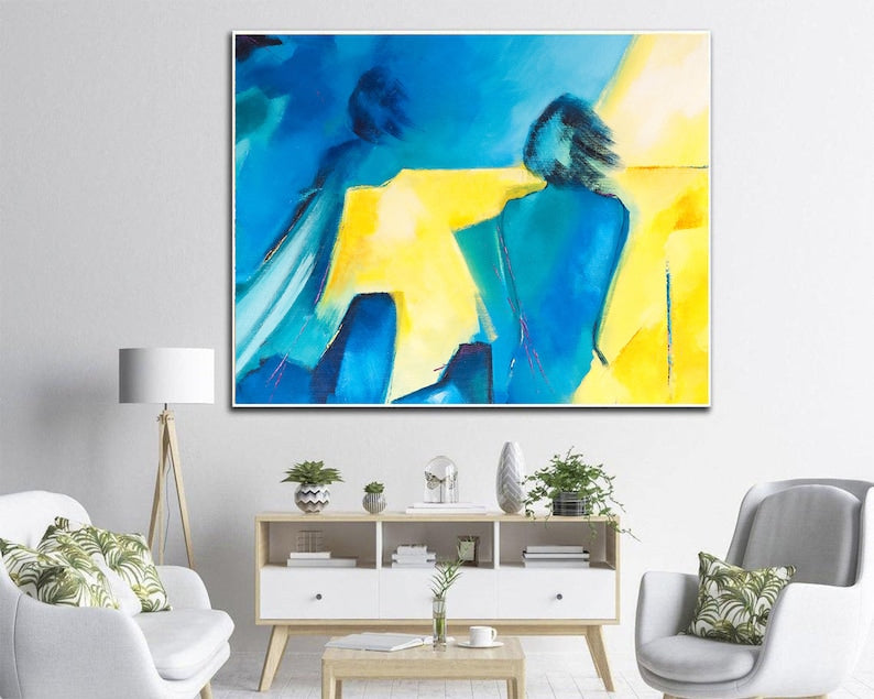 Original People Acrylic Painting Abstract Human Artwork Blue and Yellow Figurative Wall Art Decor for Bedroom