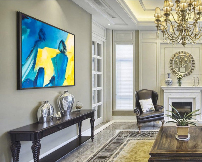 Original People Acrylic Painting Abstract Human Artwork Blue and Yellow Figurative Wall Art Decor for Bedroom