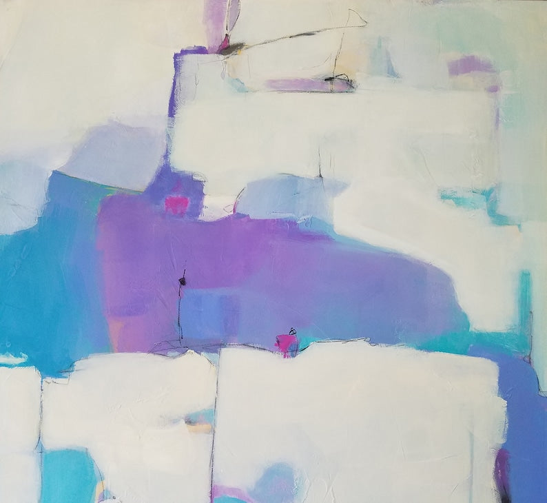 Modern Abstract Painting - Original Handmade Artwork in White and Lavender Tones for Minimalist Decor