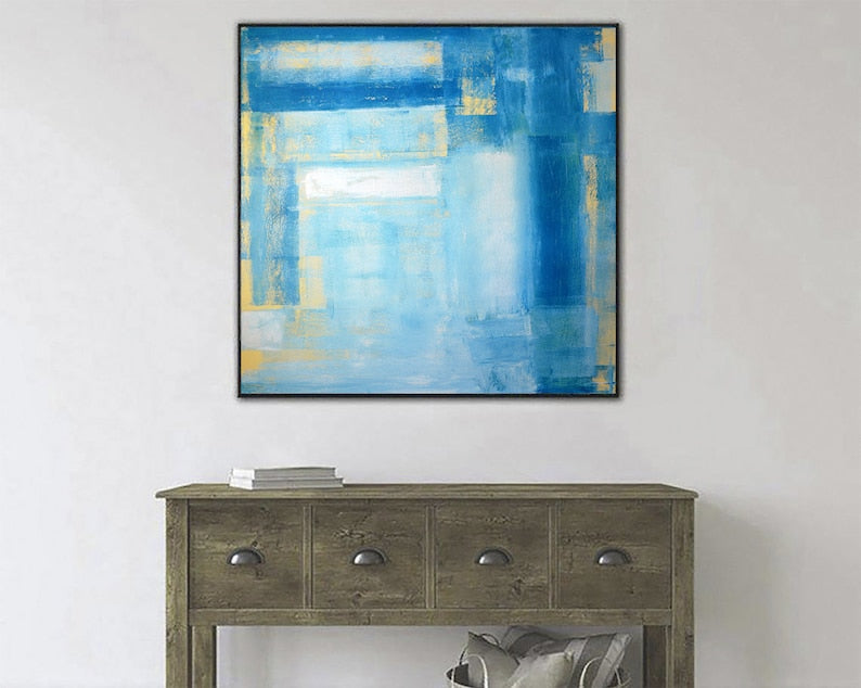 Blue Abstract Painting Blue Modern Wall Art Handmade Artwork Apartment Wall Art Handmade Gift Large Wall Art Framed Art Living Room Decor